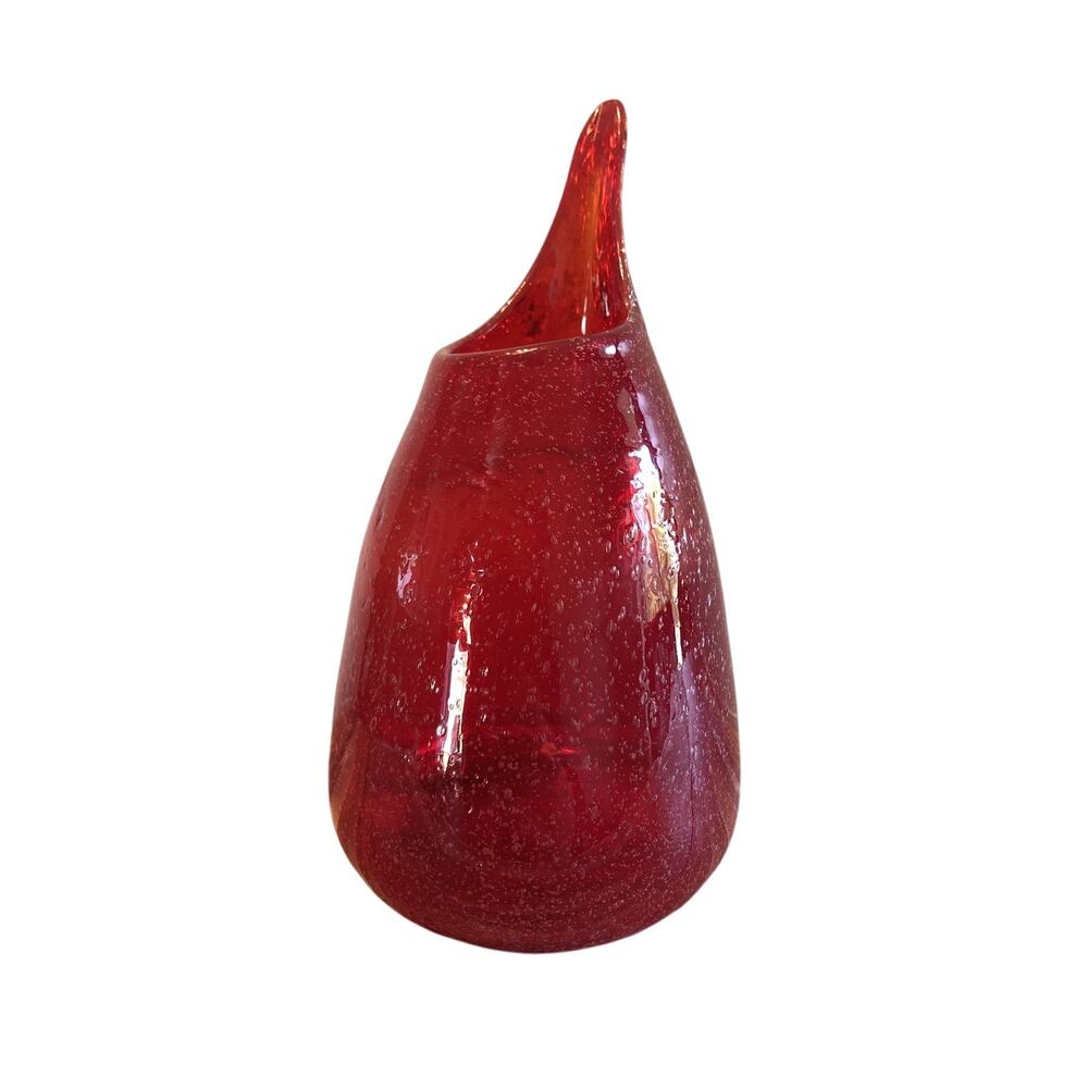 Mid Century Modern Red Bubble Art Glass Vase Hand Blown Stretch Bud Vase 6.5”